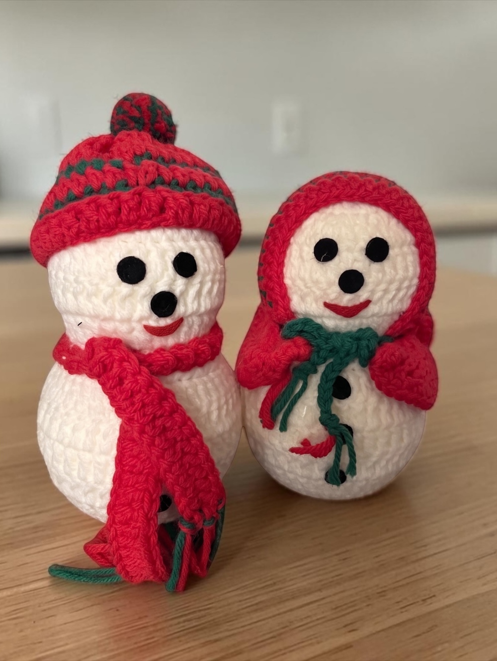 Handmade Crochet Snowman Pair with Red and Green Winter Accessories — Vintage